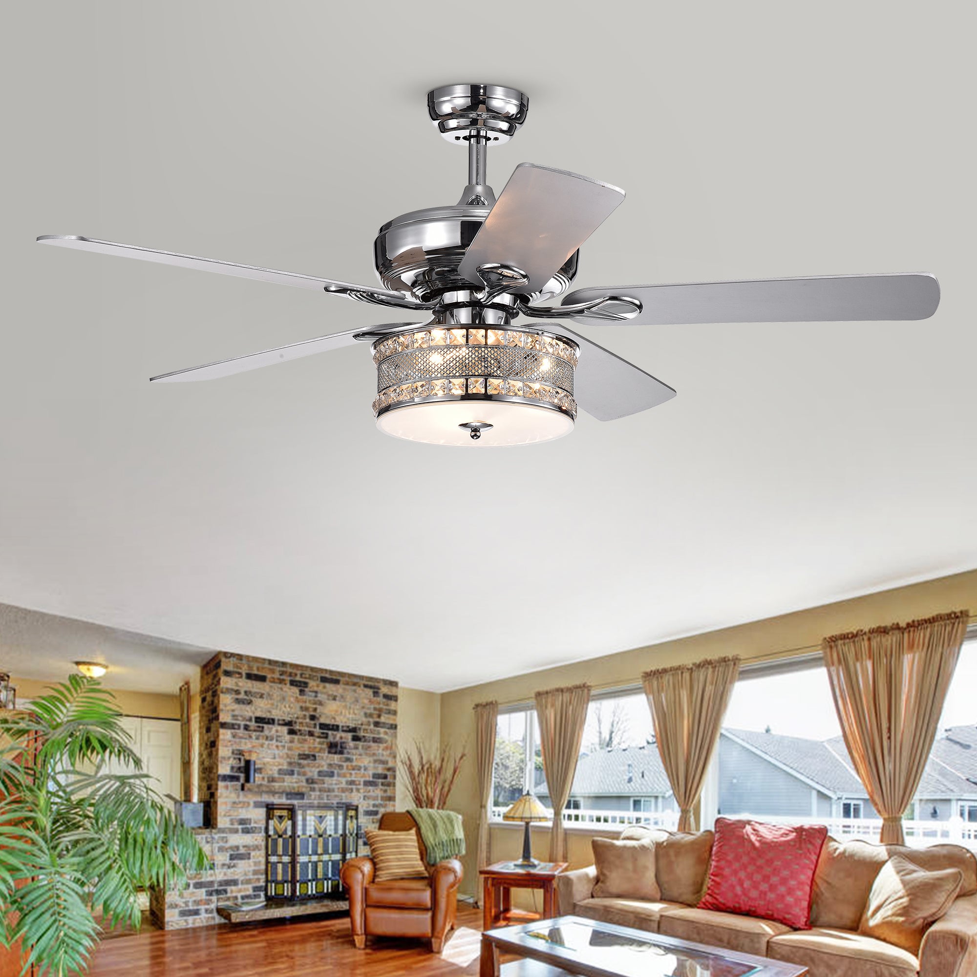 Davrin 5-Blade 52-Inch Chrome Ceiling Fan with 3-Light Crystal Drum Lamp with Remote