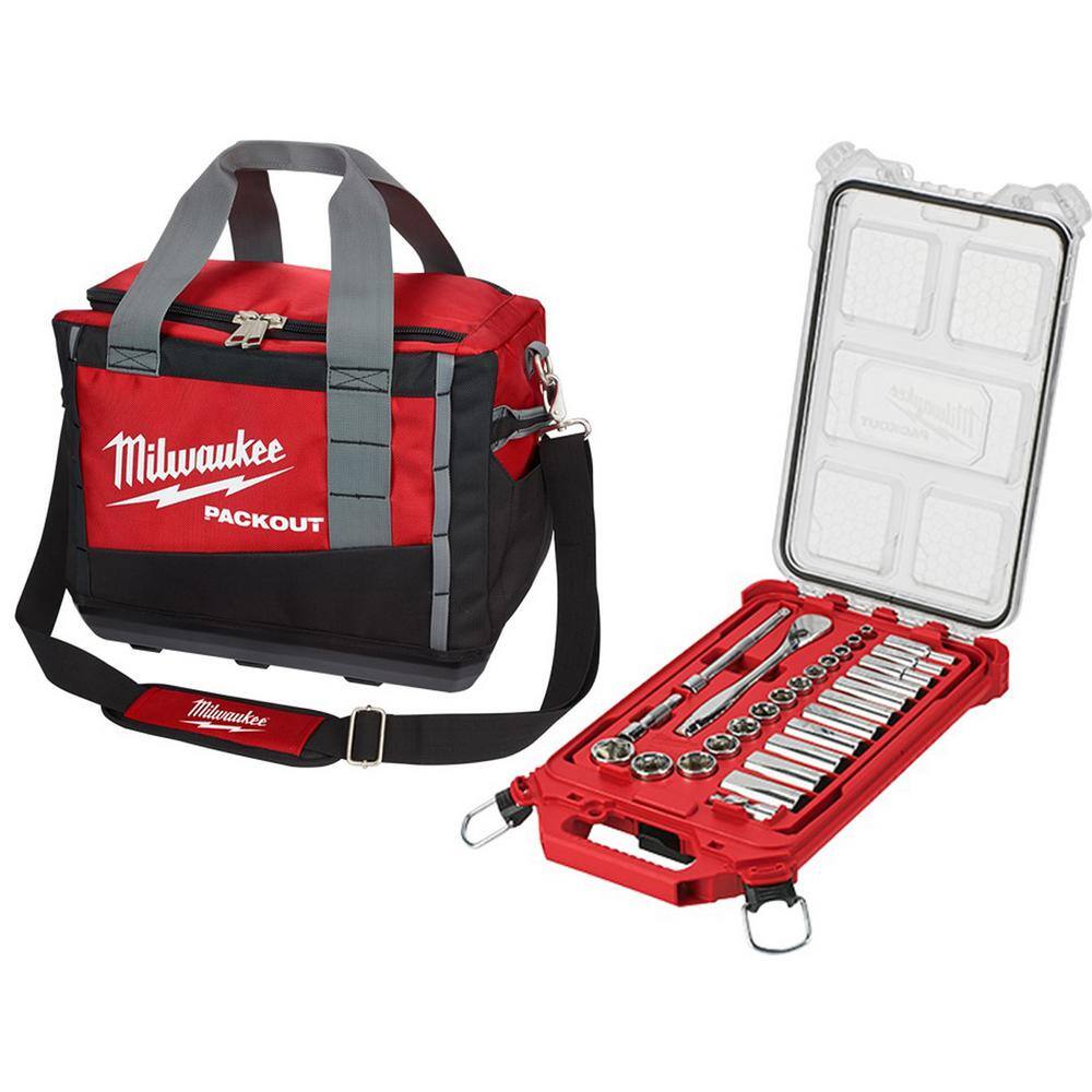 MW 38 in. Drive SAE Ratchet and Socket Mechanics Tool Set with PACKOUT Case (28-Piece) and 15 in. PACKOUT Tool Bag 48-22-9481-48-22-8321