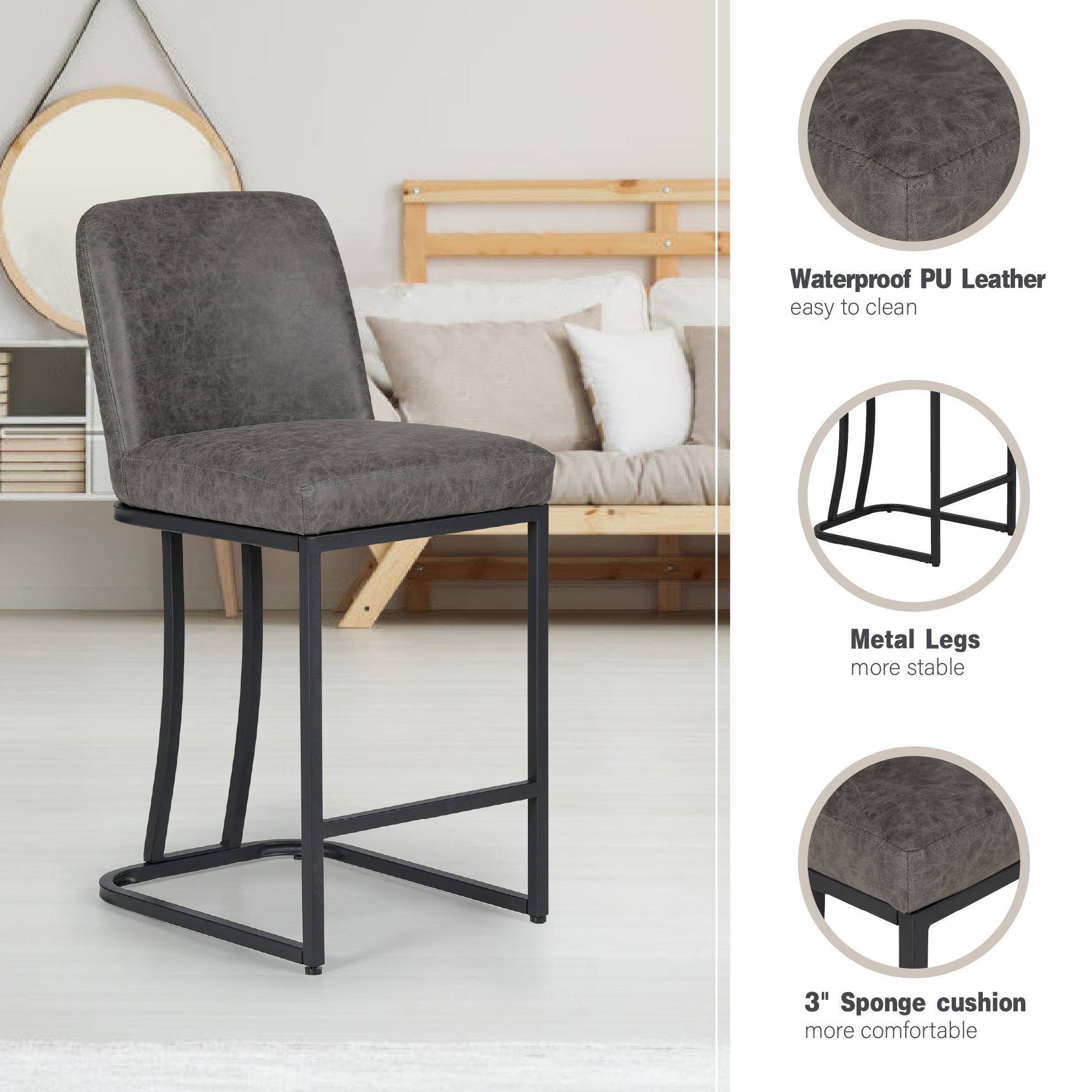 Sophia and William 24 PU Leather Counter Height Bar Stool with Backrest-Set of 2-Gray