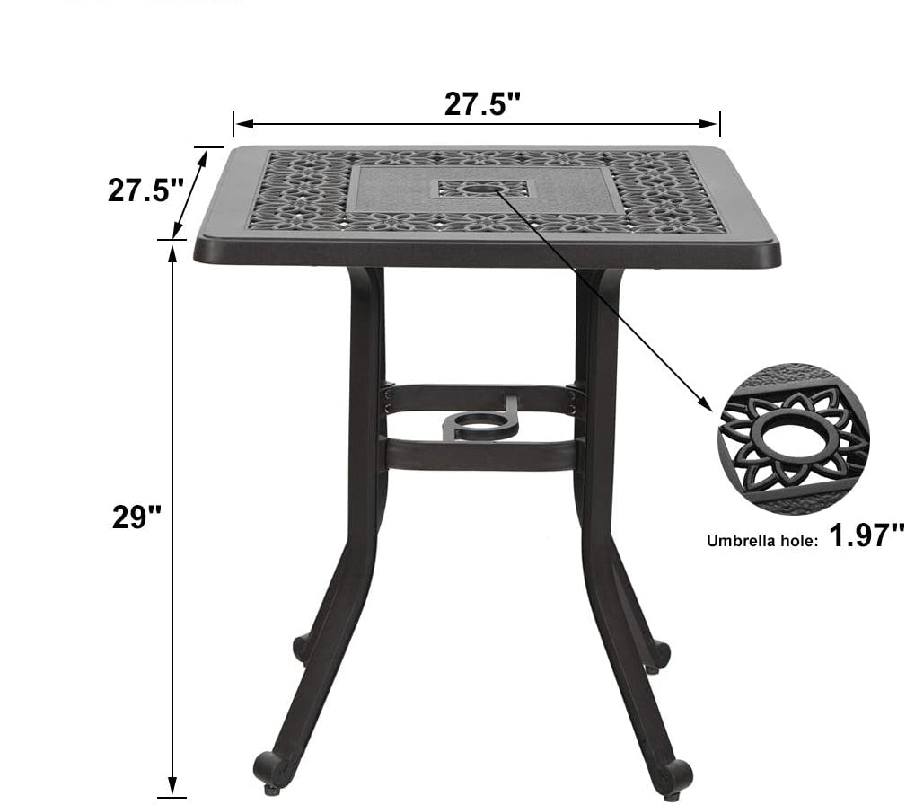 MF Studio Outdoor Table Cast Aluminum Bistro Square Dining Table with Umbrella Hole and Frosted Surface Suitable for Patio Garden Poolside