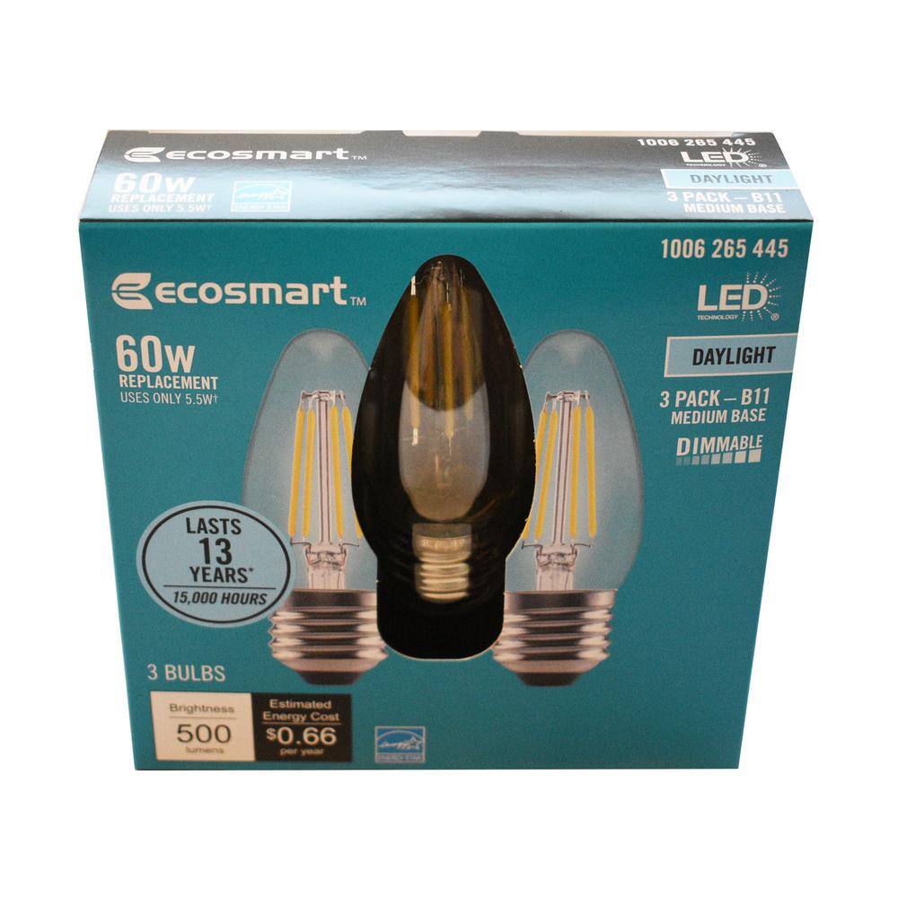 EcoSmart 60-Watt Equivalent B11 Blunt Tip Dimmable Candle Medium Base Clear Glass LED Vintage Edison Light Bulb Daylight (3-Pack) FG-04191