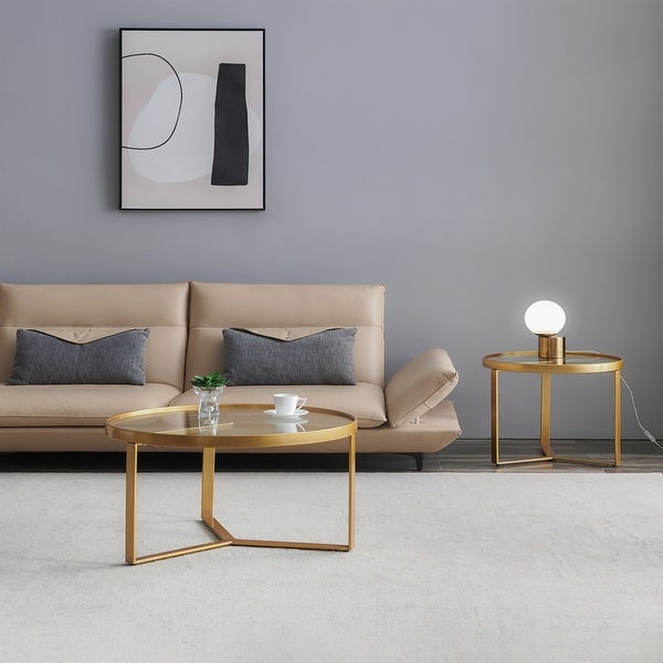 Modern Nesting Coffee Table Golden Metal Frame with Round Tempered Glass Tabletop