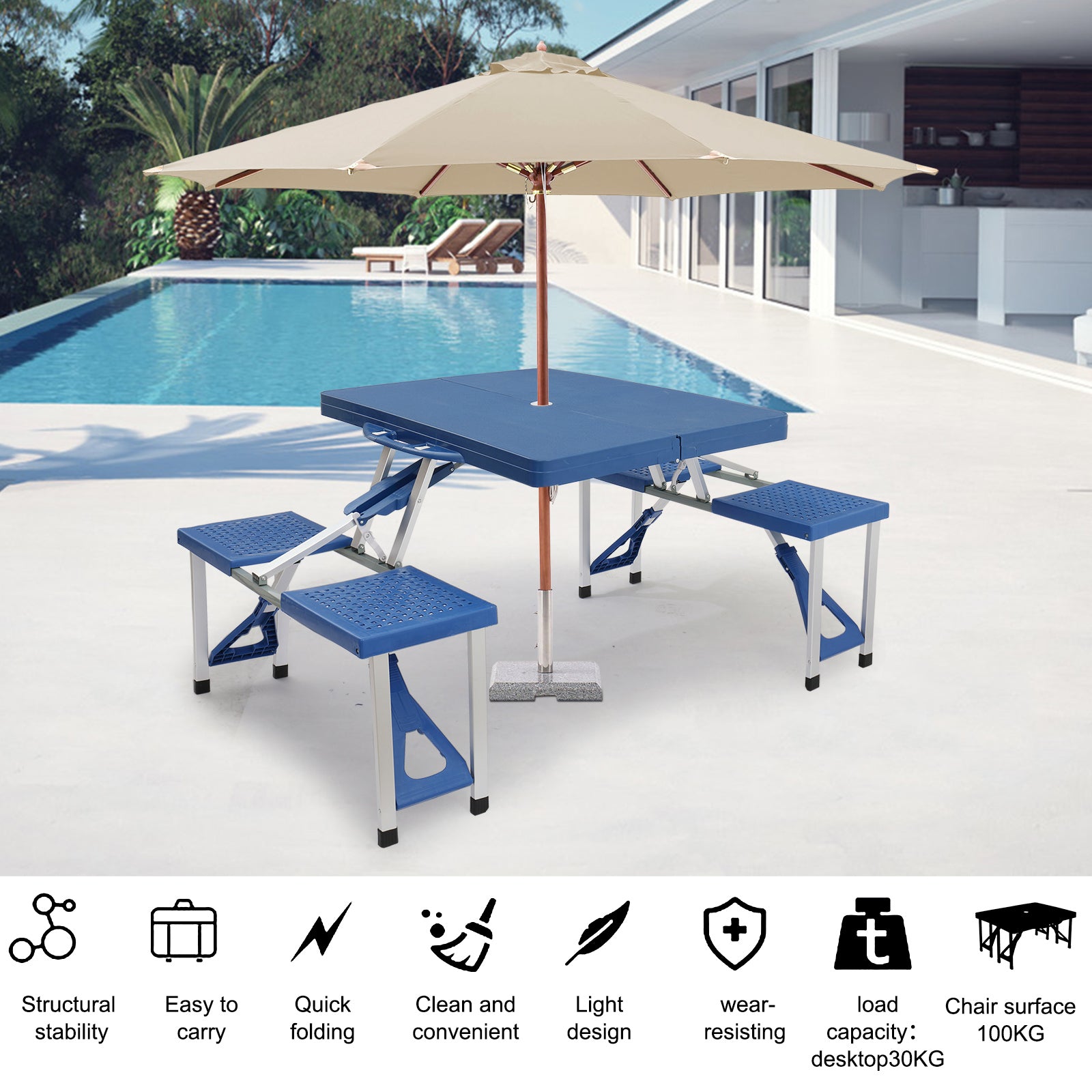 Kepooman Portable Folding Picnic Table and Chairs， Plastic Camping Suitcase Table with 4 Seats Set for Patio BBQ Travel Camping Gathering Indoor Outdoor， Blue