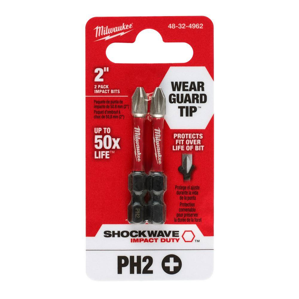 MW SHOCKWAVE Impact Duty 2 in. Phillips #2 Alloy Steel Screw Driver Bit (2-Pack) 48-32-4962