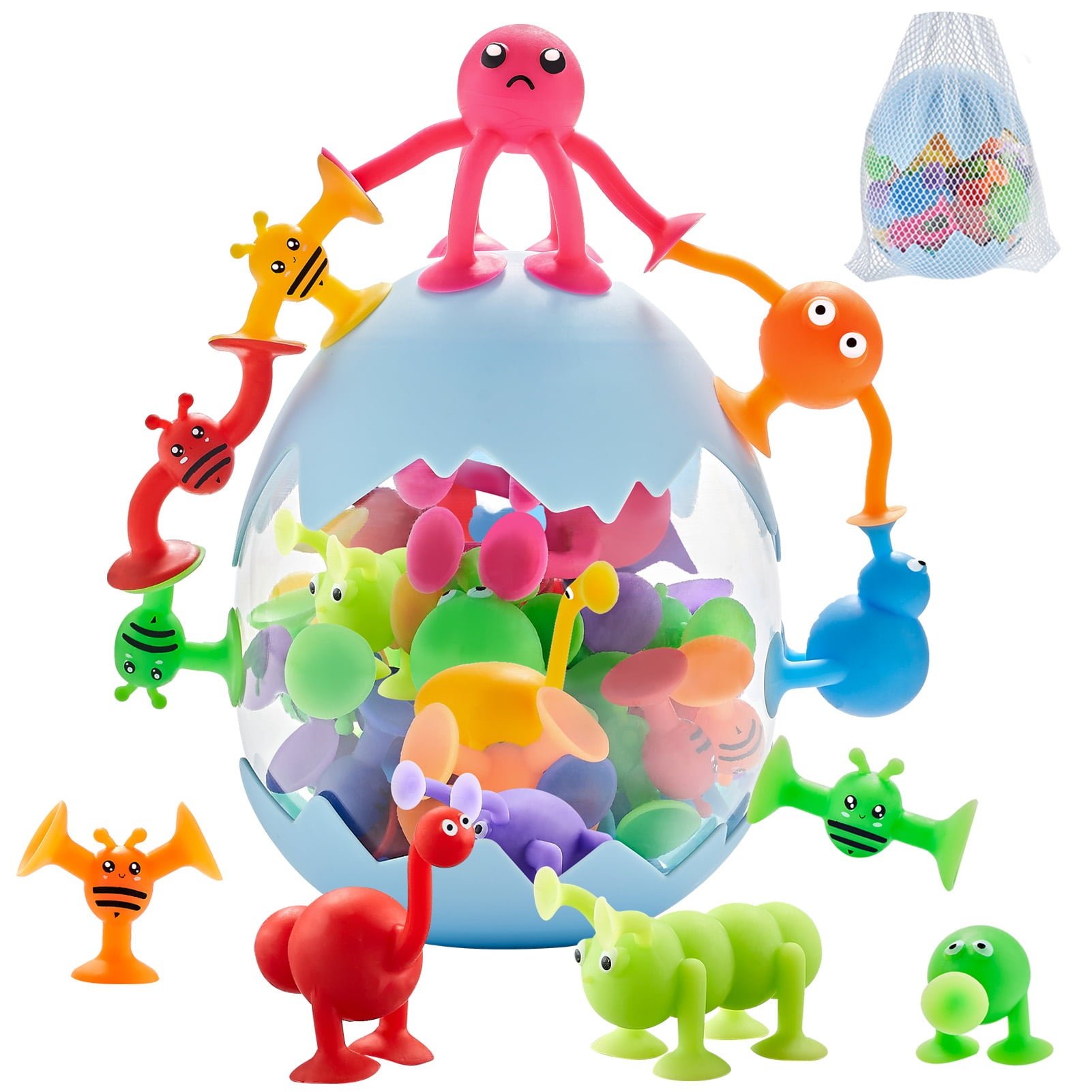 Suction Toys for Baby，Bath Toys for Kids Ages 4-8，40 Pieces Toddler Stress Release Sensory Toys，Silicone Suction Cup Animal with Dinosaur Eggshell Storage，Educational Gift for Boys Girls Age 3+