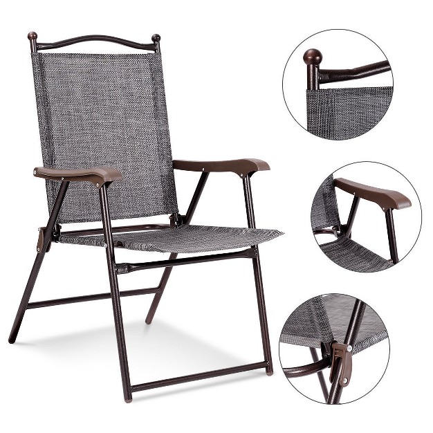 Costway Set Of 2 Patio Folding Sling Back Chairs Camping Deck Garden Beach Gray