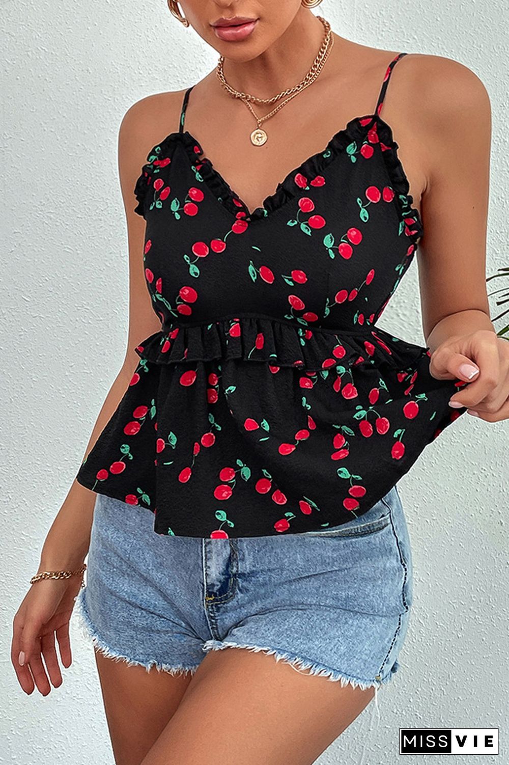 Sleeveless Nipped Waist Cherry Print Camisole Top Wholesale