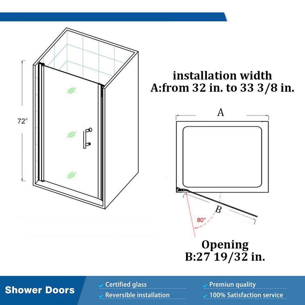 TOOLKISS 32 to 33-38 in. H Pivot Swing Frameless Shower Door in Black with Clear Glass FP32MB