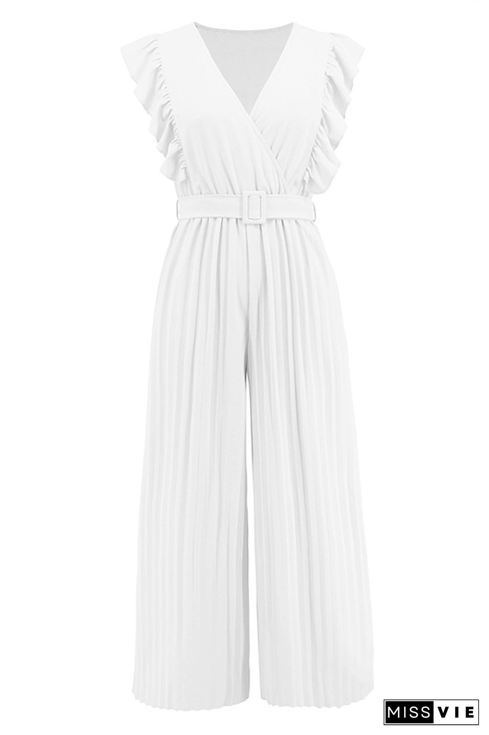 Sleeveless V Neck Ruffle Pleated Wide Leg Jumpsuit