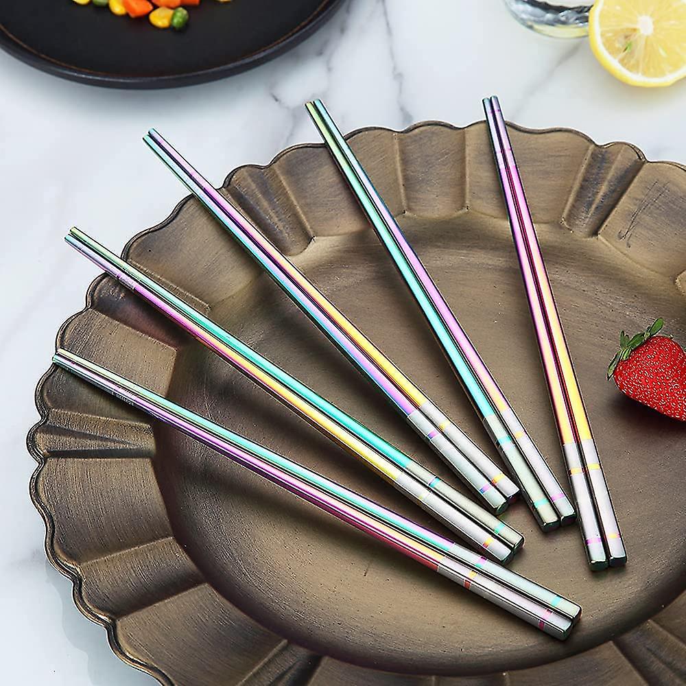 Rainbow Metal Chopsticks， 5 Pairs 9 Inches Premium 304 Stainless Steel Metal Chopsticks Reusable Dishwasher Safe Colorful， Titanium Plated Chopsticks