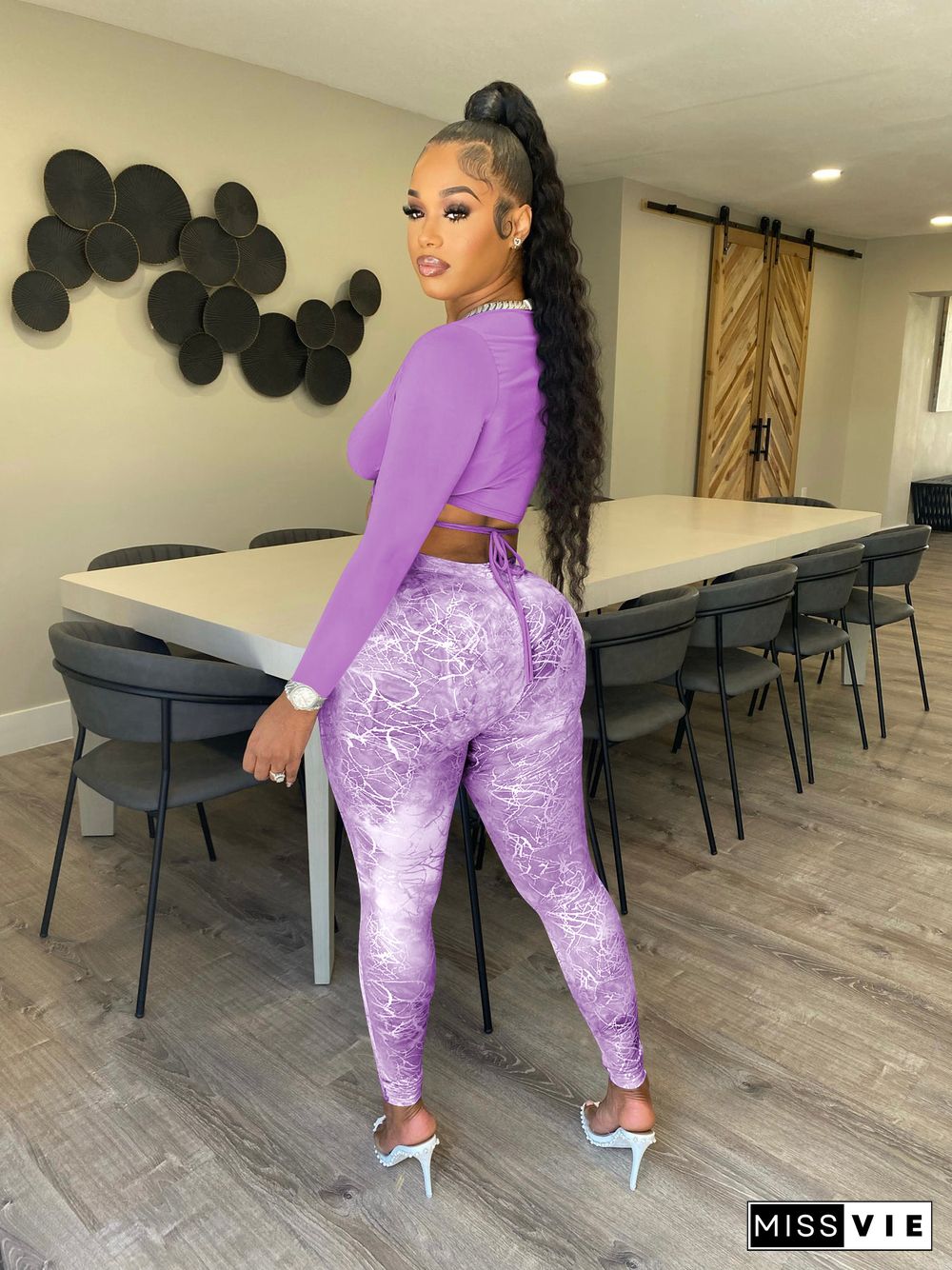 Lace Up Long Sleeve Crop Top 2 Piece Pants Sets