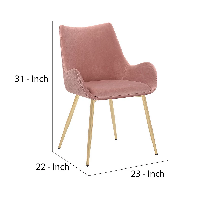 22 Inch Fabric Upholstered Dining Side Chair， Sloped Arms， Metal Legs， Pink