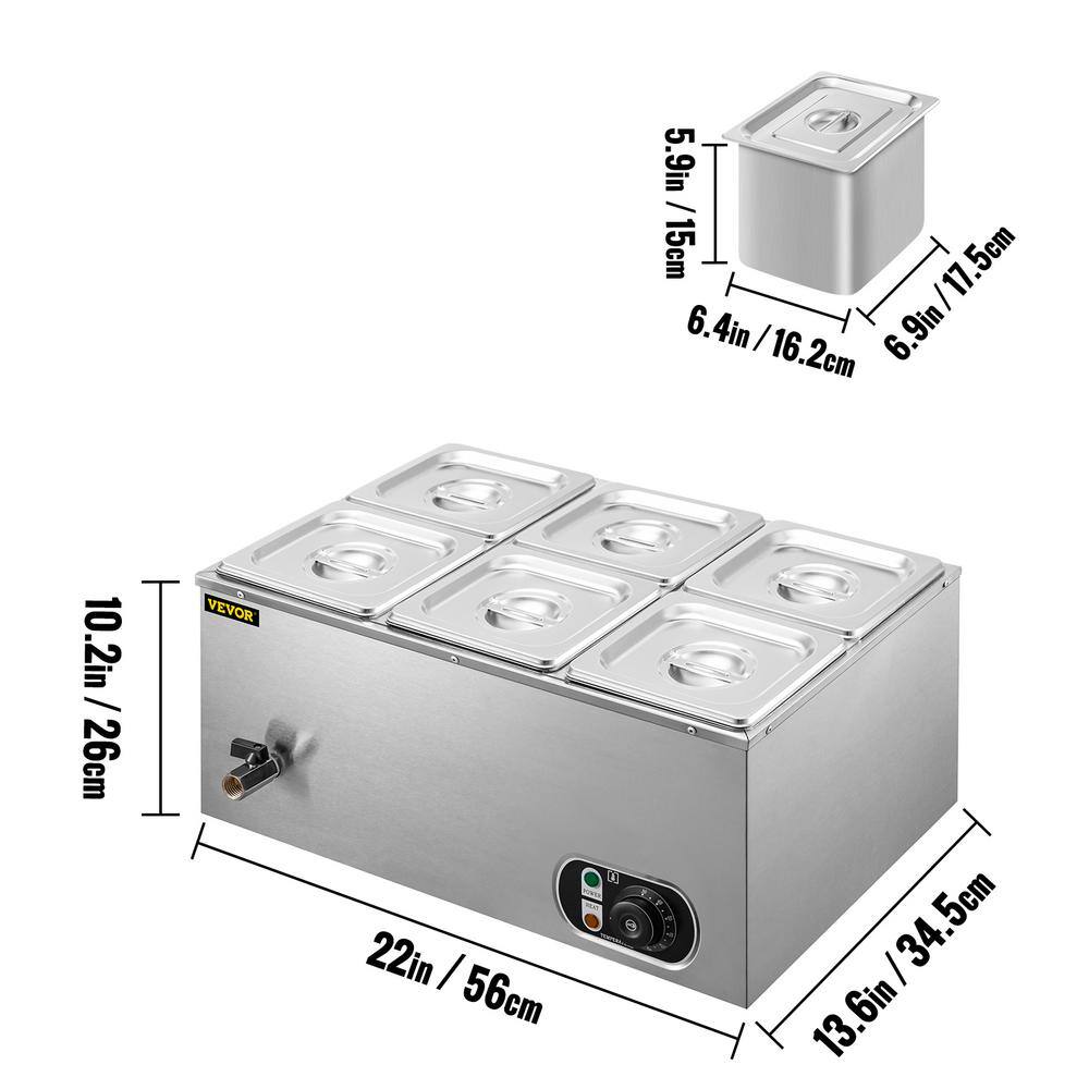 VEVOR 6 in. Deep Commercial Food Warmer 6 x 16GN 6-Pan Stainless Steel Bain Marie Steam Table 12.6 Qt. Capacity 1500-Watt PT6BM-33A110VUKDKV1