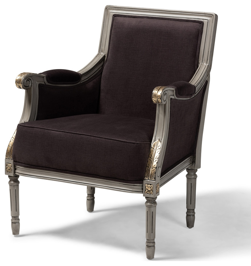 Classic French Inspired Brown Velvet Upholstered Grey Finished Armchair   Traditional   Armchairs And Accent Chairs   by Imtinanz  LLC  Houzz