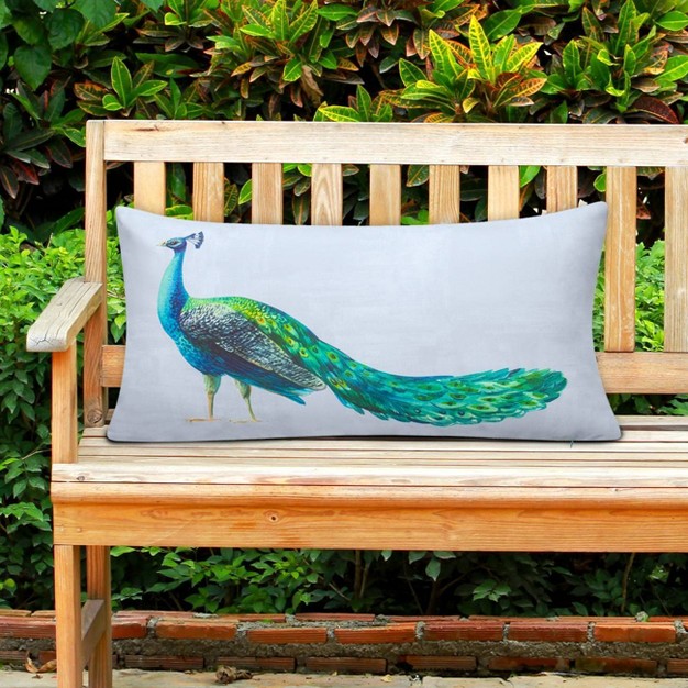 Embroidered Dramatic Peacock Rectangular Indoor outdoor Throw Pillow Sky Edie home