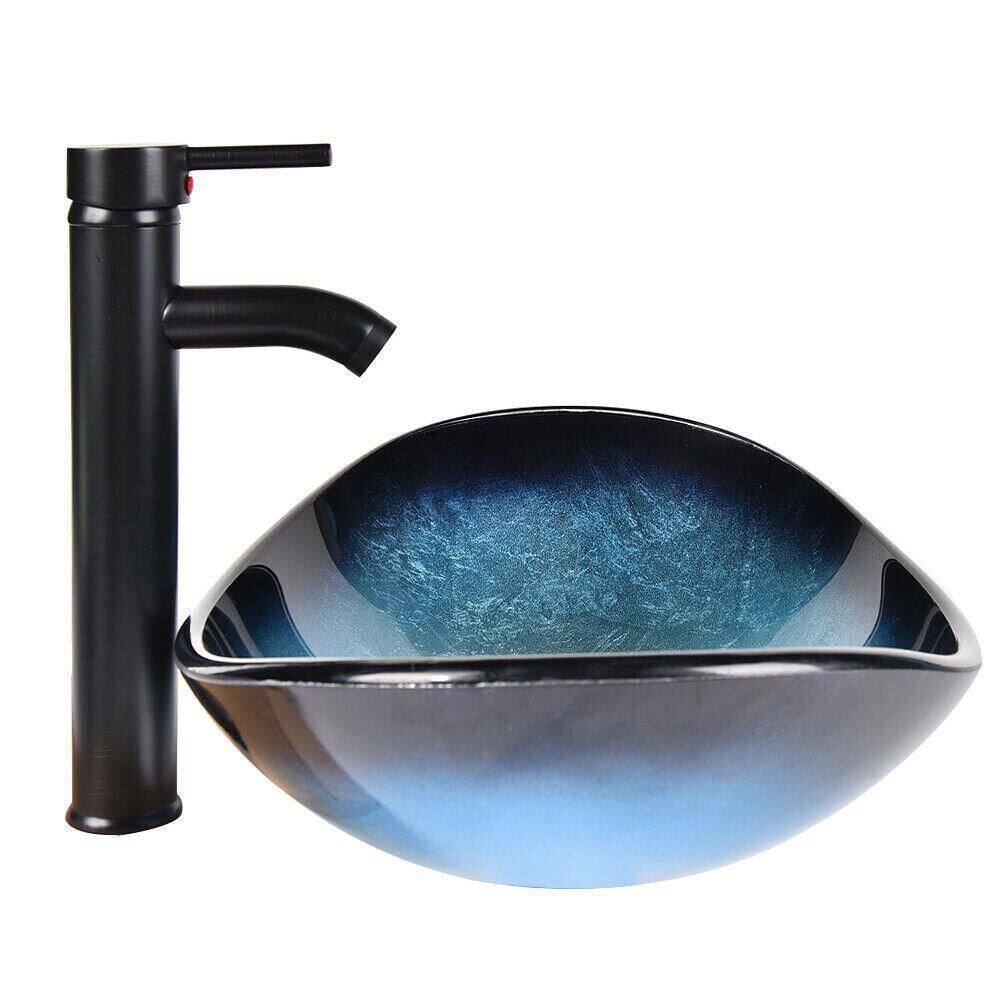 Puluomis Boat Shape Blue Glass Vessel Sink with Faucet in Black included Pop-up Drain USGB0005-BL