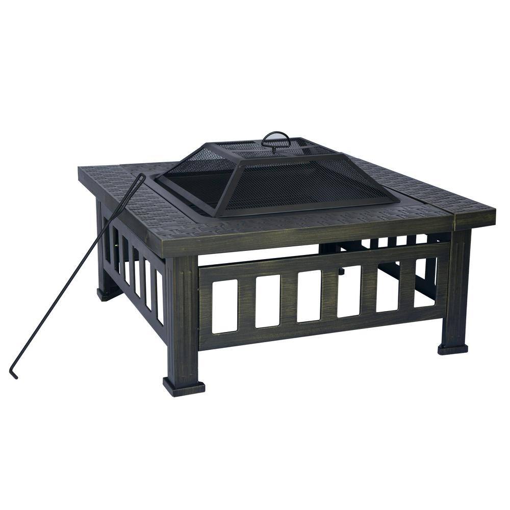 Bond Bali 32 in. W x 22.44 in. H Outdoor Square Powder Coated Steel Wood Burning Fire Pit in Bronze with Grate and Poker 52260