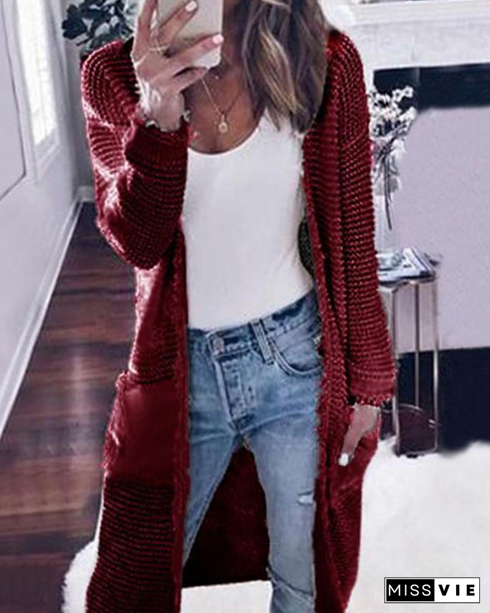 Long Sleeve Solid Color Cardigan Casual Knit Sweater Jacket P13334