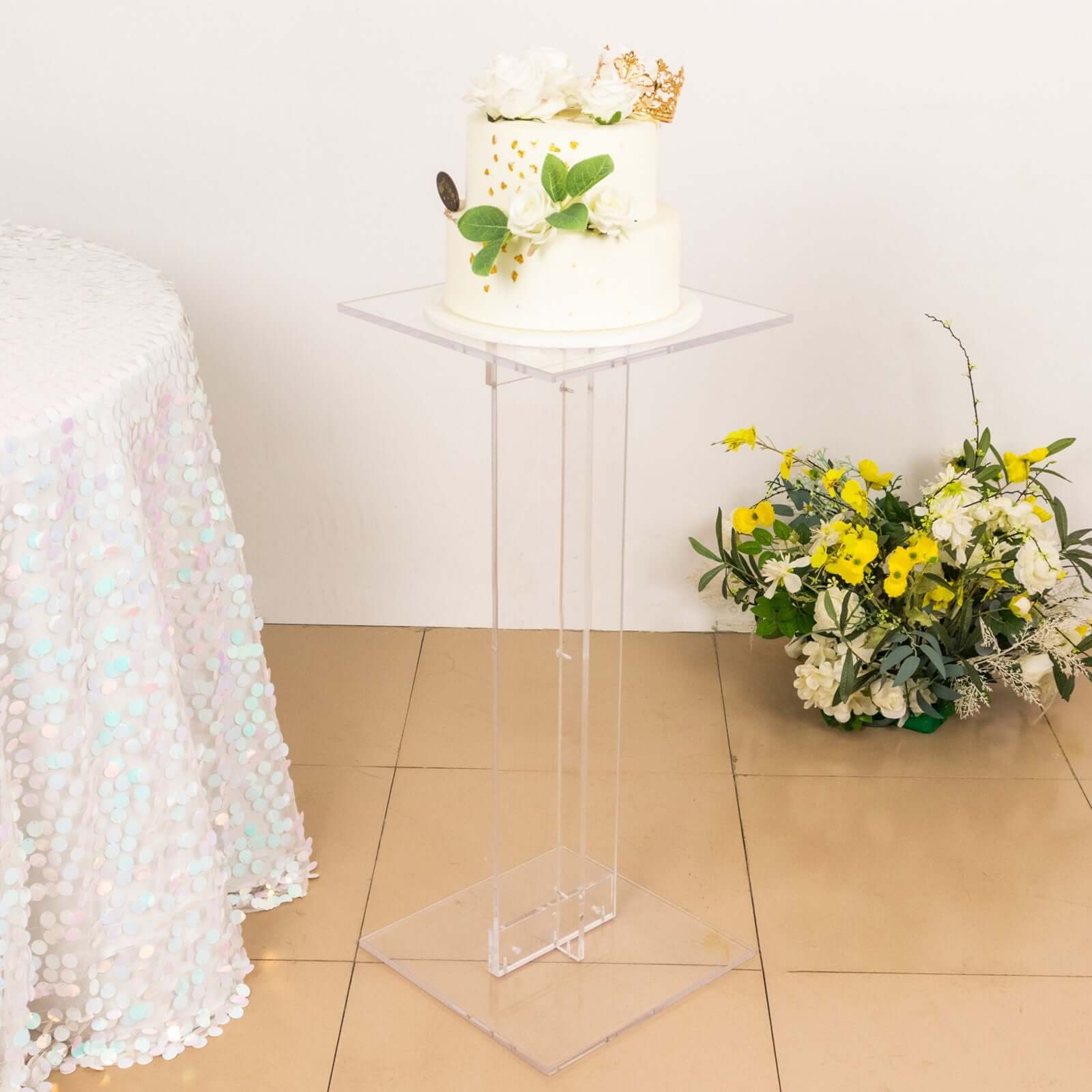 Heavy Duty Acrylic Wedding Display Stand with Square Bases, Clear Plexiglass Flower Pedestal Stand 10mm Thick Plate 32