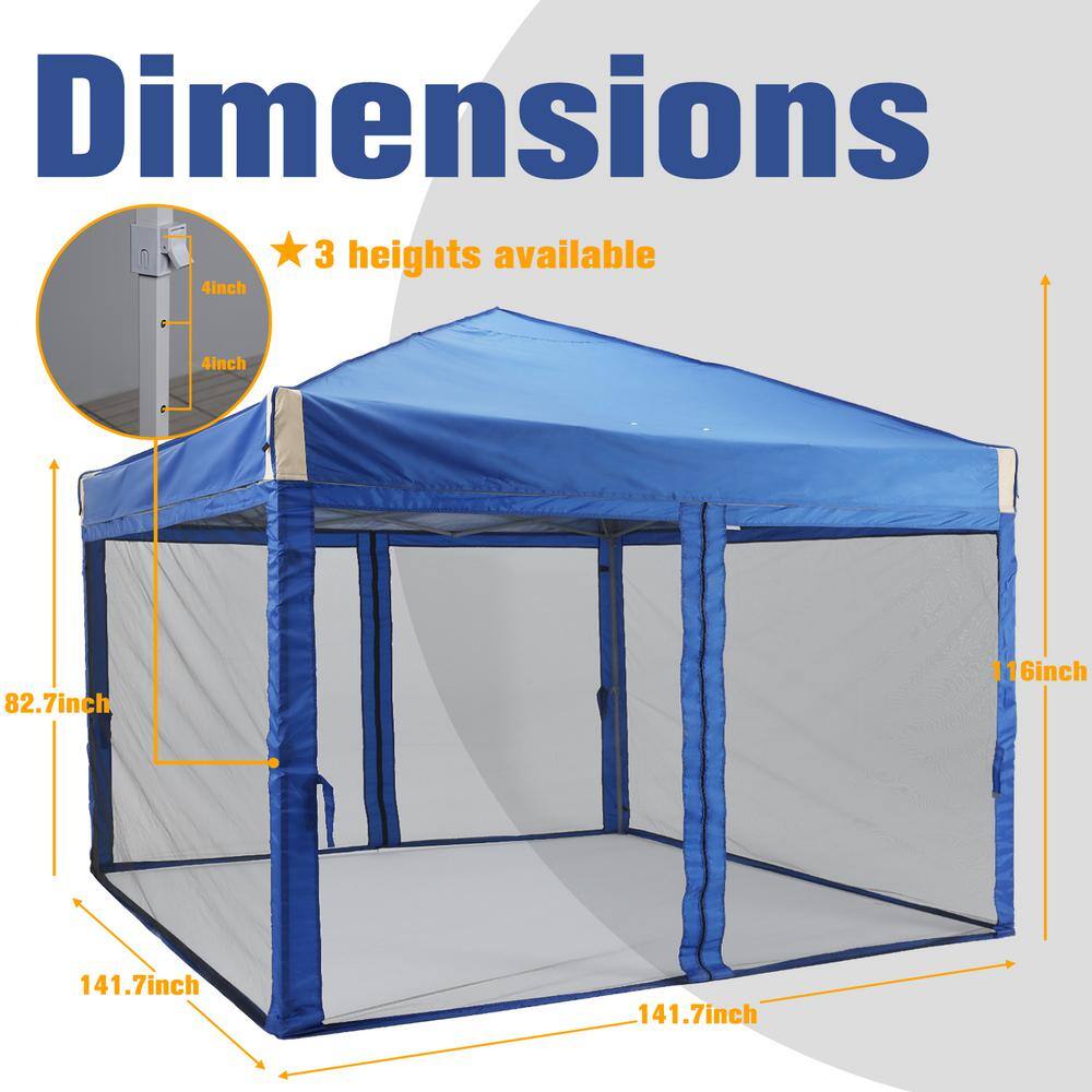 Aoodor 12 ft. x 12 ft. Pop Up Canopy Tent with Removable Mesh Sidewallwith Roller Bag-Blue 800-153-BL-N