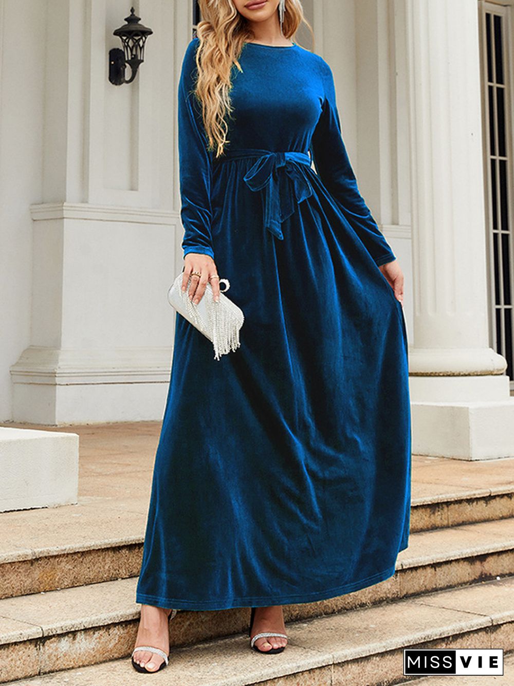 Long Sleeves Wrap Belted Pleated Solid Color Zipper Round-Neck Maxi Dresses