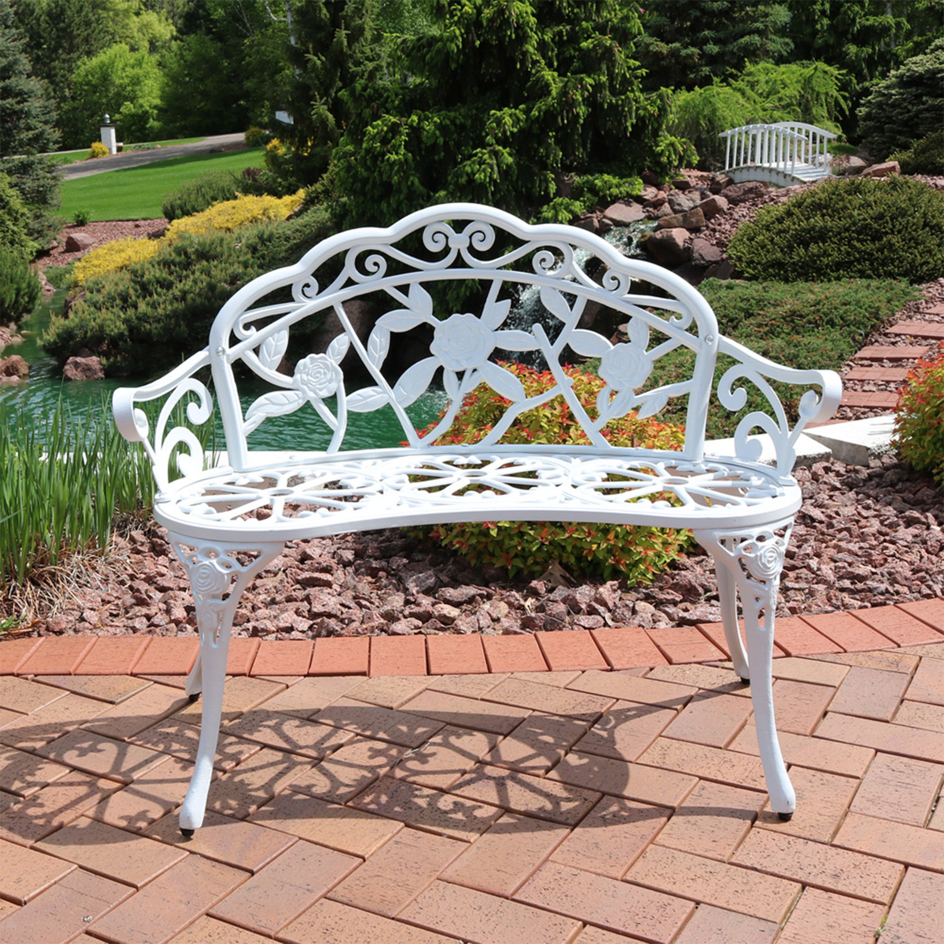 Sunnydaze 2-Person Classic Rose Design Cast Aluminum Outdoor Garden Bench, White