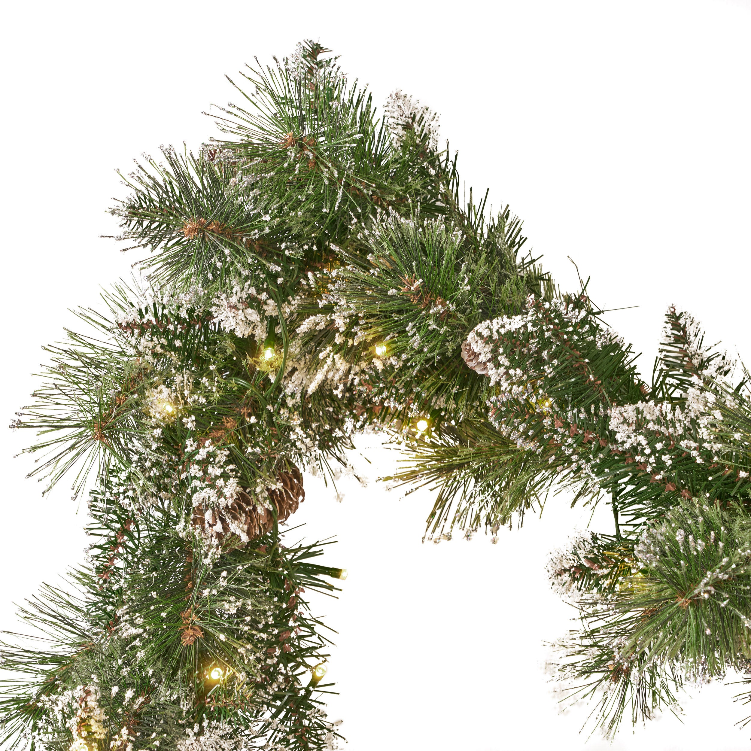 9-foot Cashmere Pine and Mixed Needle Pre-Lit Warm White LED Artificial Christmas Garland with Snow and Glitter Branches and Frosted Pinecones