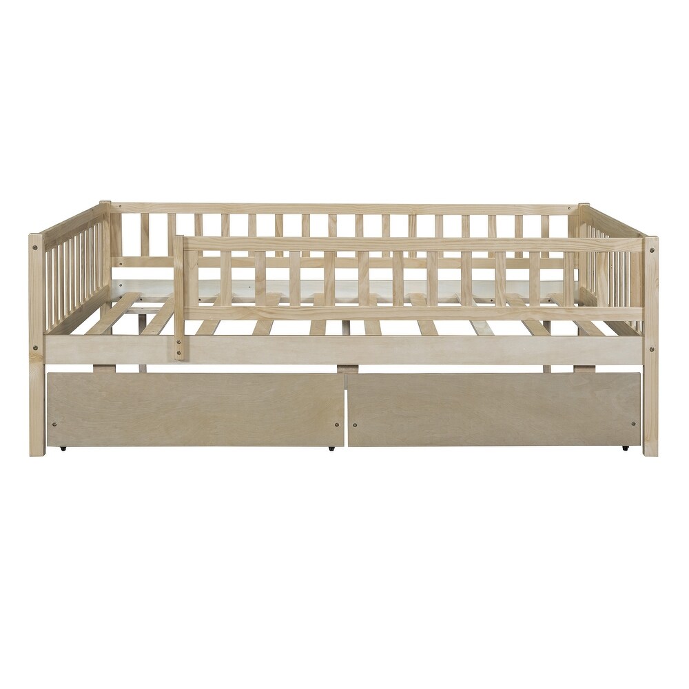 Wood Full Size Daybed with Full Length Guardrails for Kids Boys Girls Natural