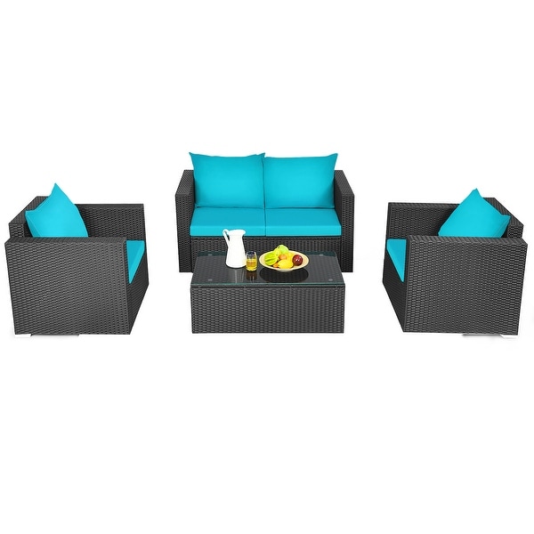 Gymax 4PCS Rattan Patio Conversation Set Outdoor Furniture Set w/