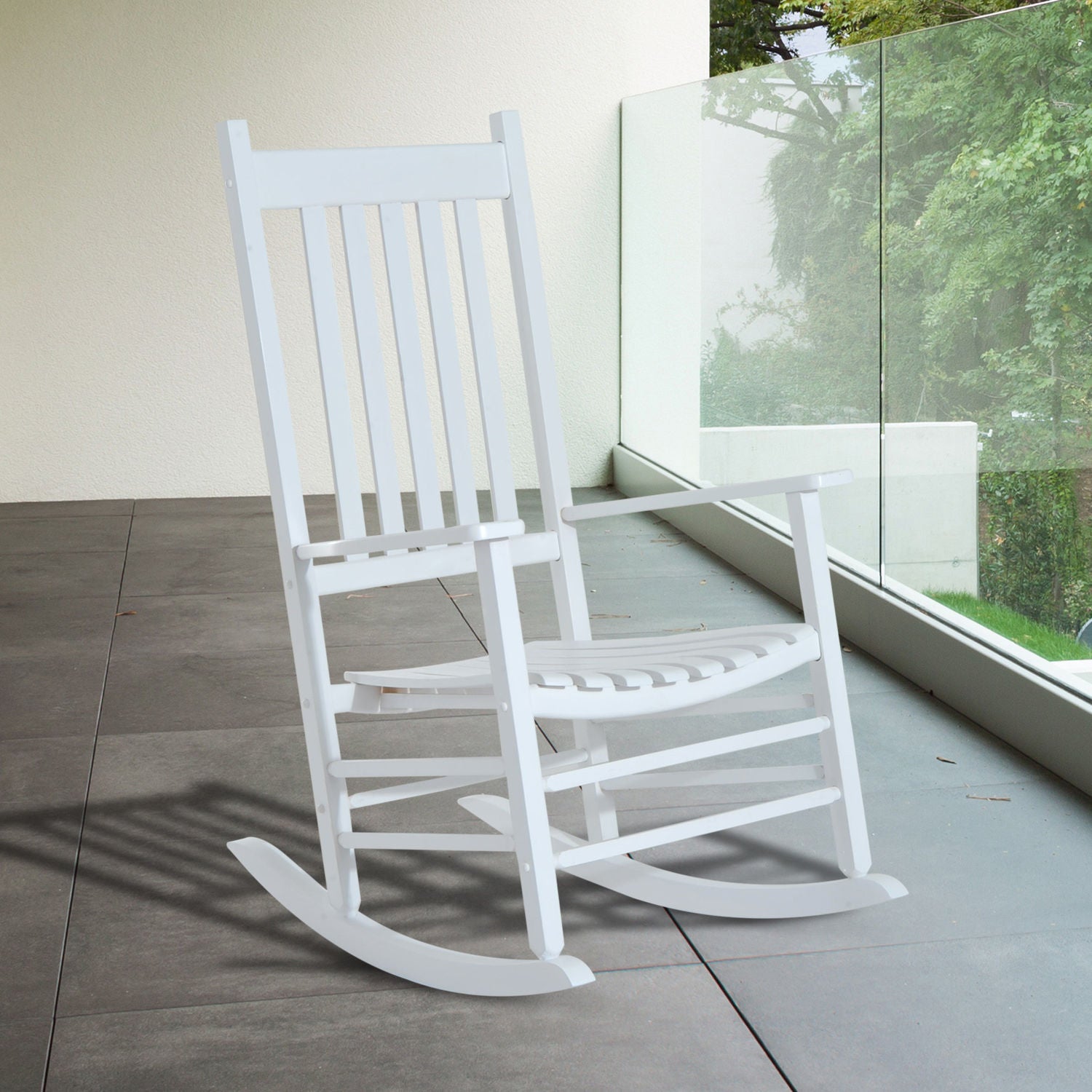 Outsunny Outdoor Rocking Chair, Wooden Rustic High Back All Weather Rocker, Slatted for Indoor, Backyard & Patio, White