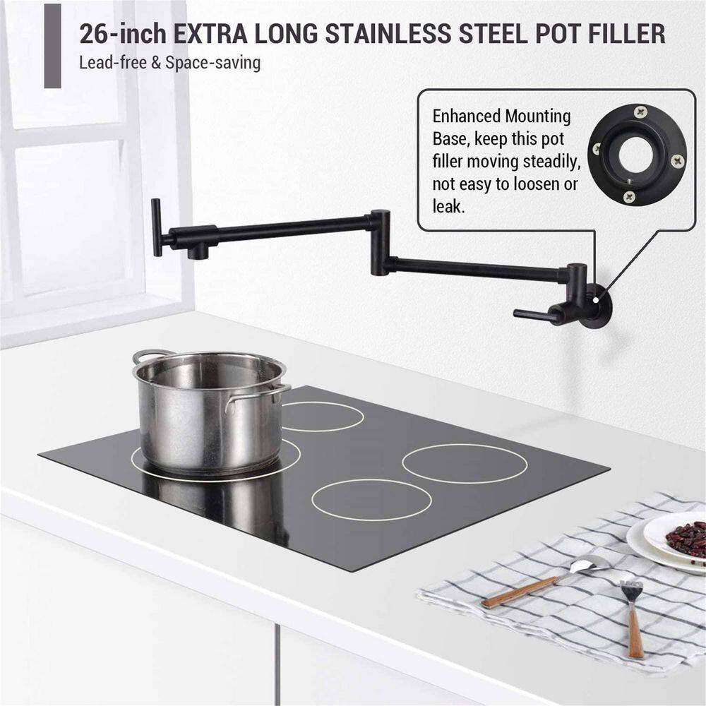 FLG Wall Mounted Pot Filler Double Handle Kitchen Faucet Modern Countertop Retractable 1 Hole Commercial Tap in Matte Black DD-0004-MB