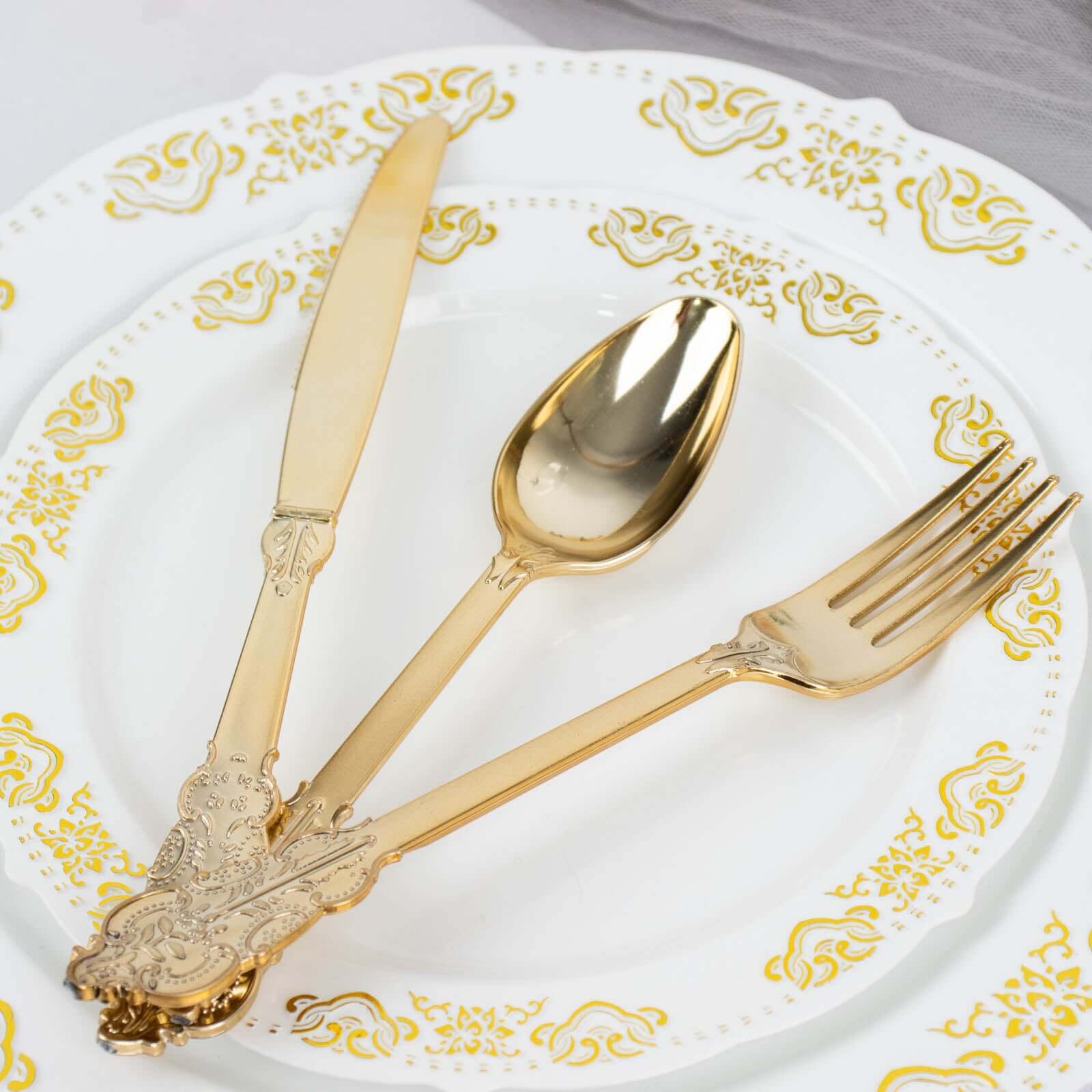 24 Pack Metallic Gold Baroque Style Heavy Duty Plastic Silverware Set