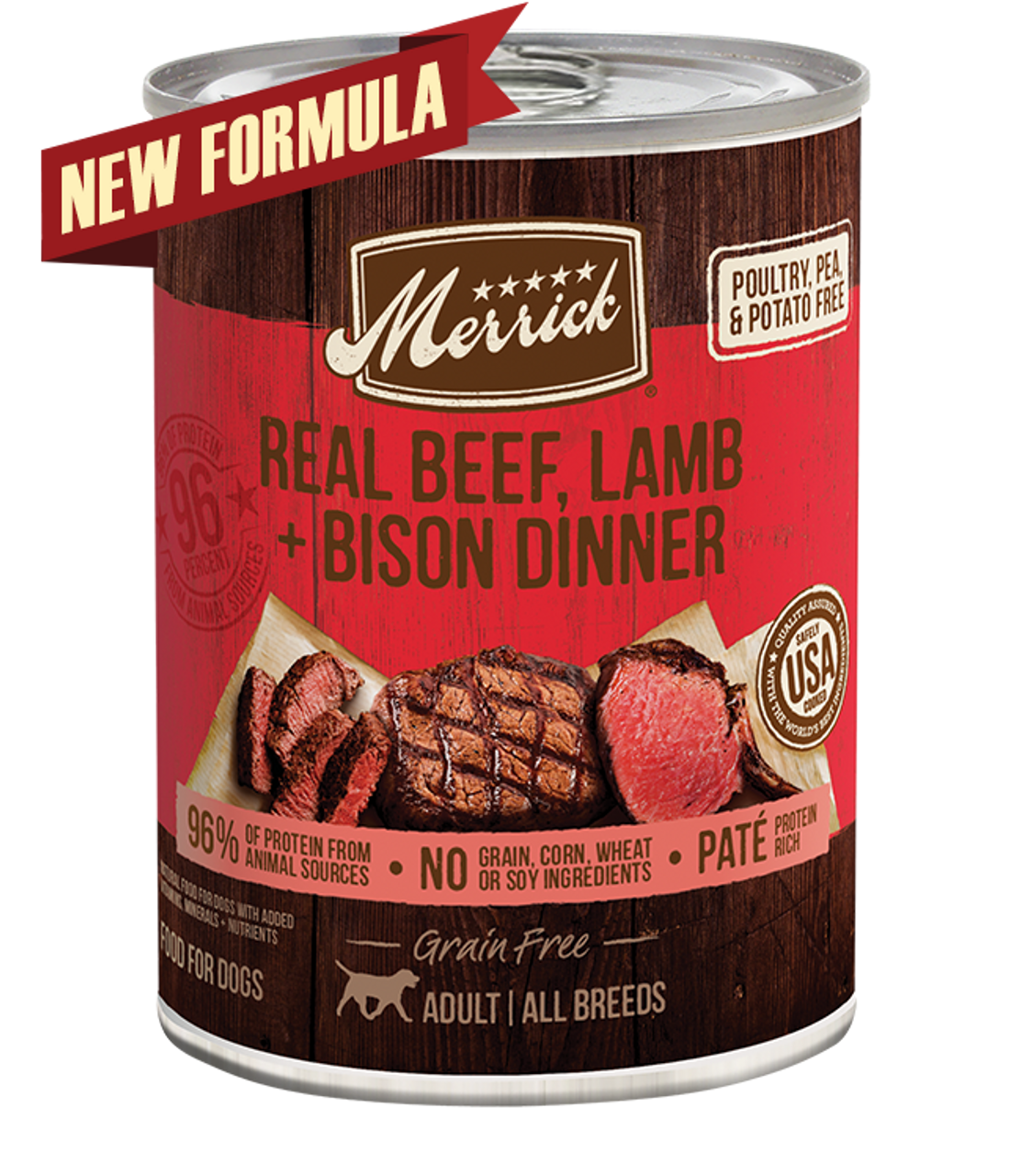 Merrick Grain Free Real Beef， Lamb + Bison Dinner Canned Dog Food， 12.7 Oz.