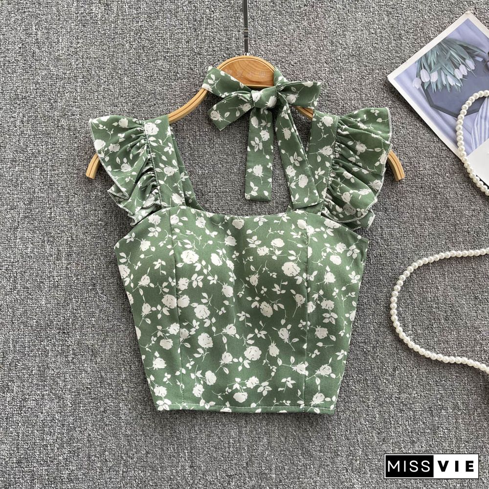 Summer Floral Strap Tops Women Square Neck Bow Ruffles Short Camisole Fashion Korean Flower Ladies Elastic Waist Top