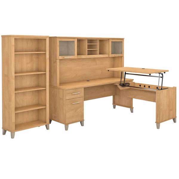 Bush Furniture Somerset 72W 3 Position Sit to Stand L Shaped Desk with Hutch and Bookcase in Maple Cross