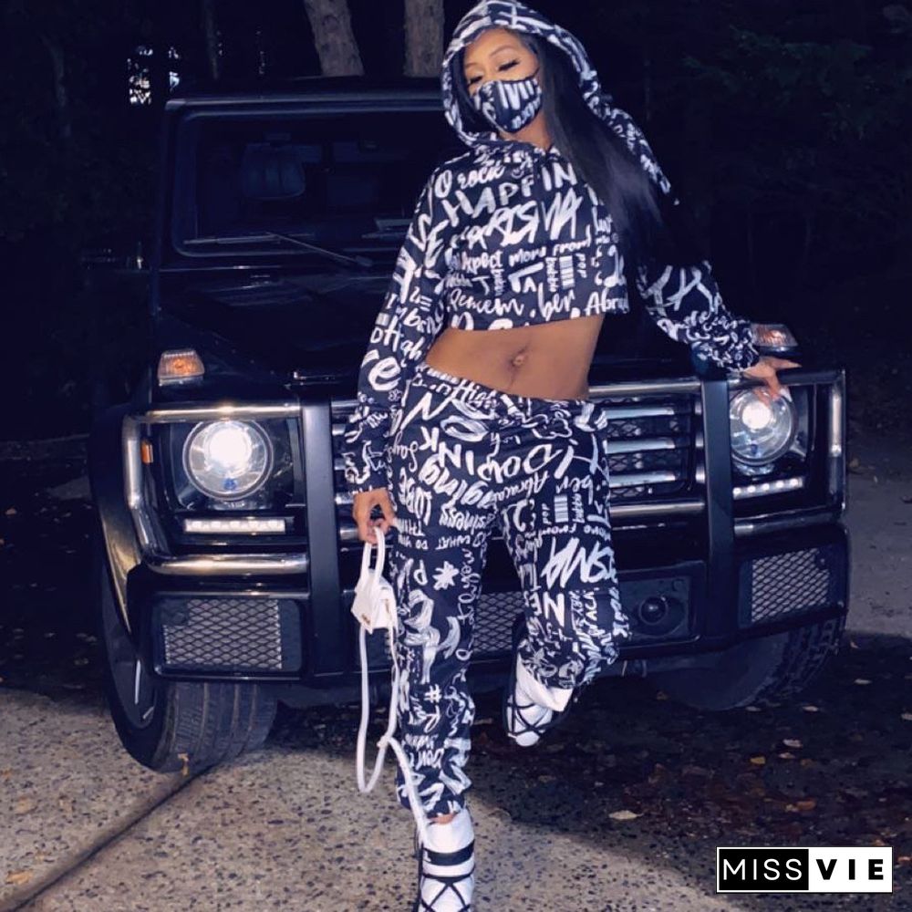 Letter Printed Hooded Sweatshirt Crop Top Pants Set