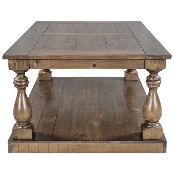 Rustic Solid Pine Wood Floor Shelf Coffee Table with Storage