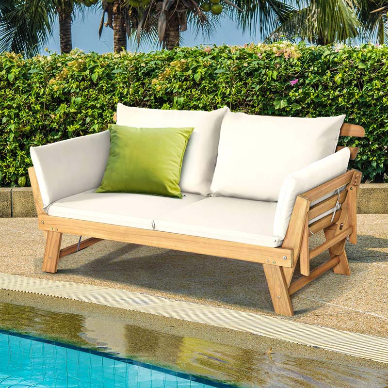 Acacia Wood Patio Daybed Convertible Couch Sofa Bed, Outdoor Folding Chaise Lounge Bench with Adjustable Armrest