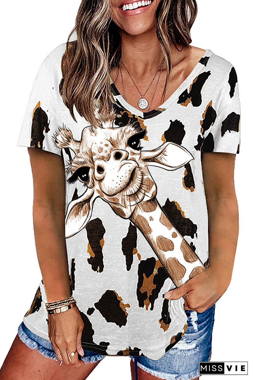 Giraffe Leopard Printed Casual Loose Short Sleeve T-shirt