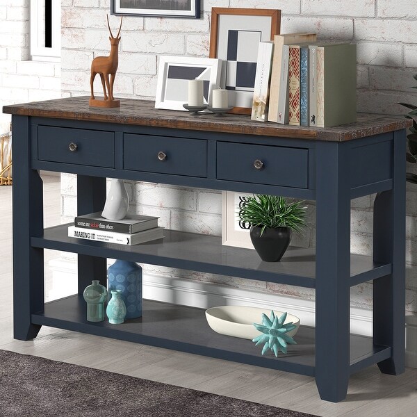 48'' Solid Pine Wood Top Console Table， Modern Entryway Sofa Side Table with 3 Storage Drawers and 2 Shelves