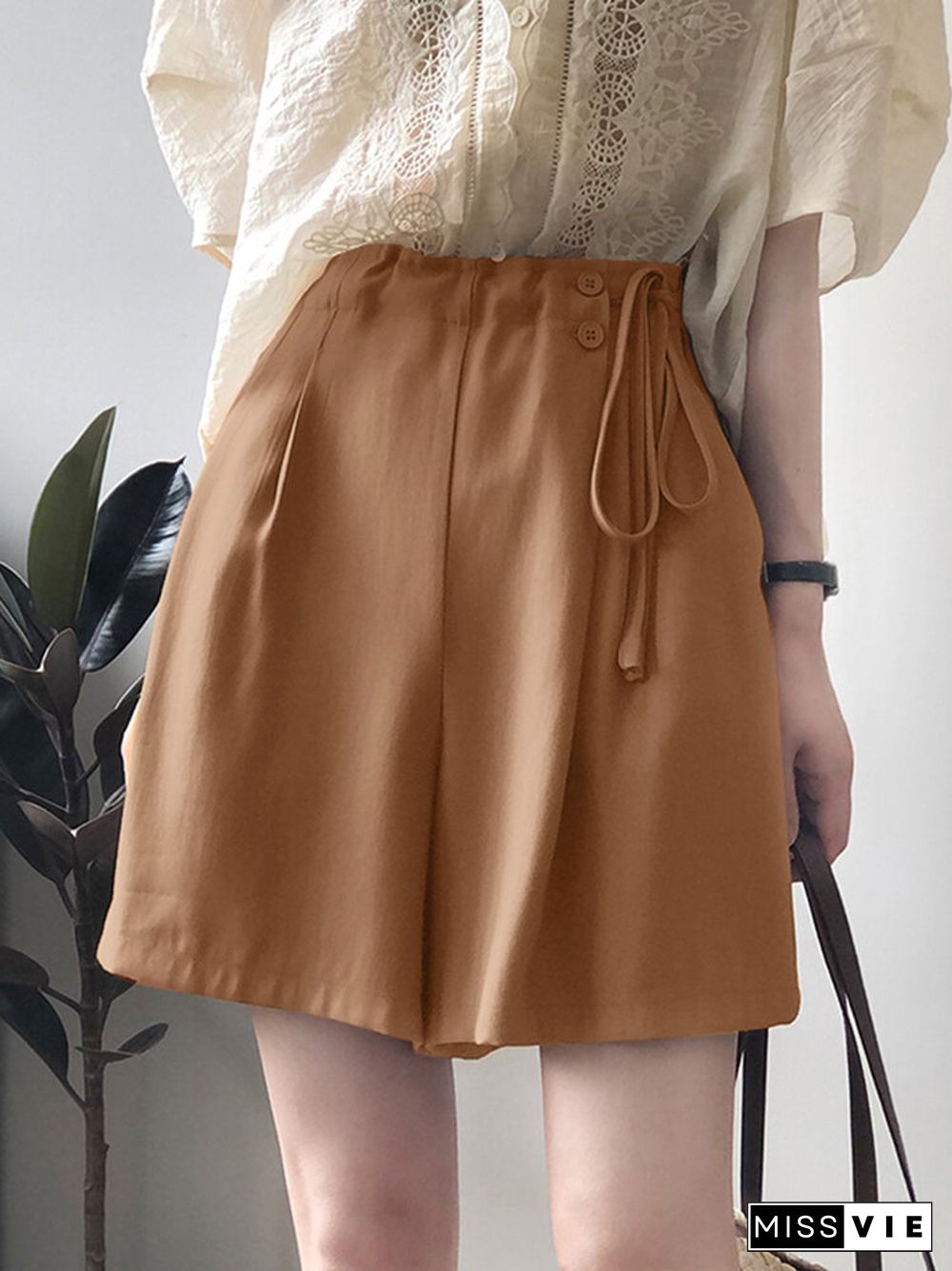 Solid Drawstring Waist Pocket Wide Leg Casual Shorts