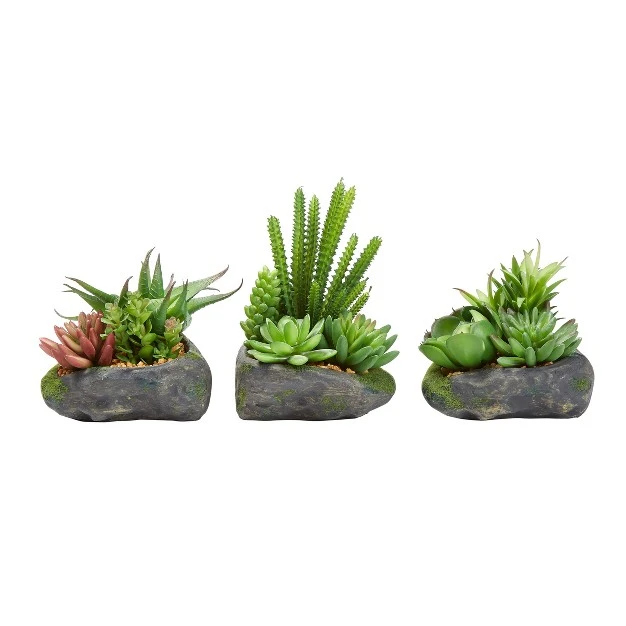 Artificial Succulent Plant Arrangements In Faux Stone Pots – Set Of 3