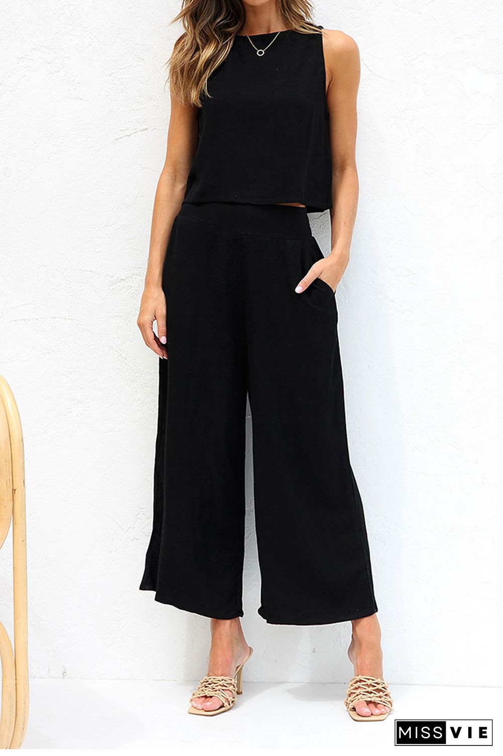 Plain Lien Tank Top With Wide Leg Pants 2pcs Set