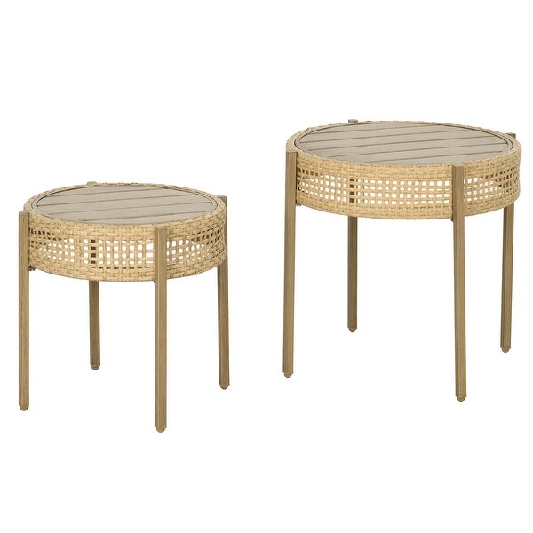 2 Piece Wicker Patio Table Set，PE Rattan End Table Set，Outdoor Round Coffee Table Set，MultiFunctional，Slatted Metal Top