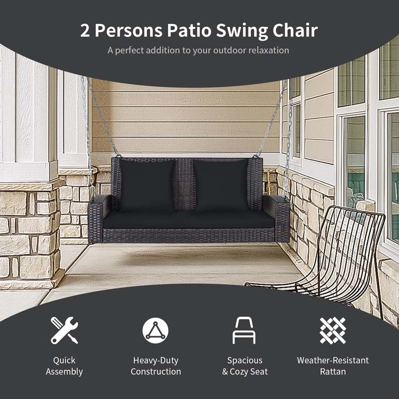 2-Person Rattan Wicker Outdoor Patio Hanging Porch Swing Bench Chair with Sturdy Steel Chain & Cushions