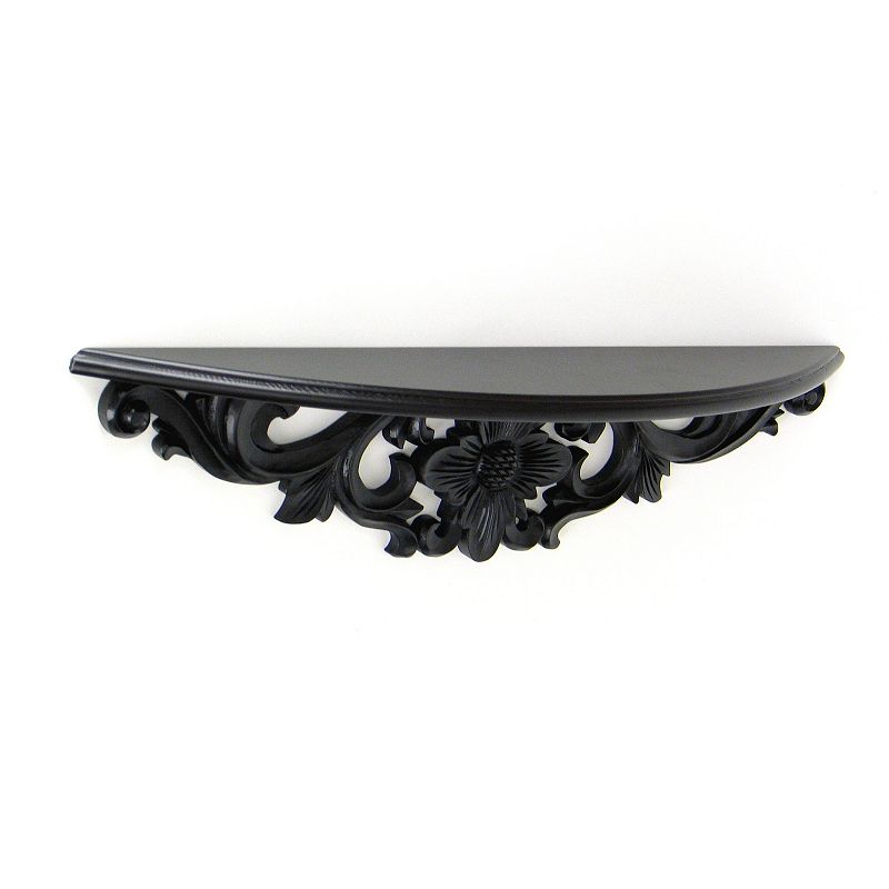 Hand Carved Wooden Moonbay Wall Shelf in Floral Design， Black