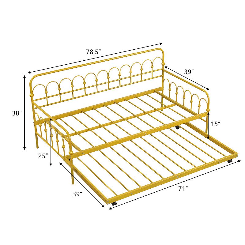 Twin Size Golden Metal Daybed With Trundle And Lockable Wheels-twin Size