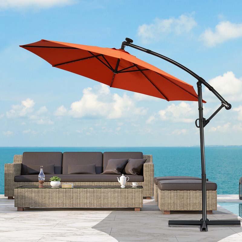 10 FT Patio Offset Umbrella with Solar Lights 360° Rotation Outdoor Market Umbrella with Crank Handle & Cross Base