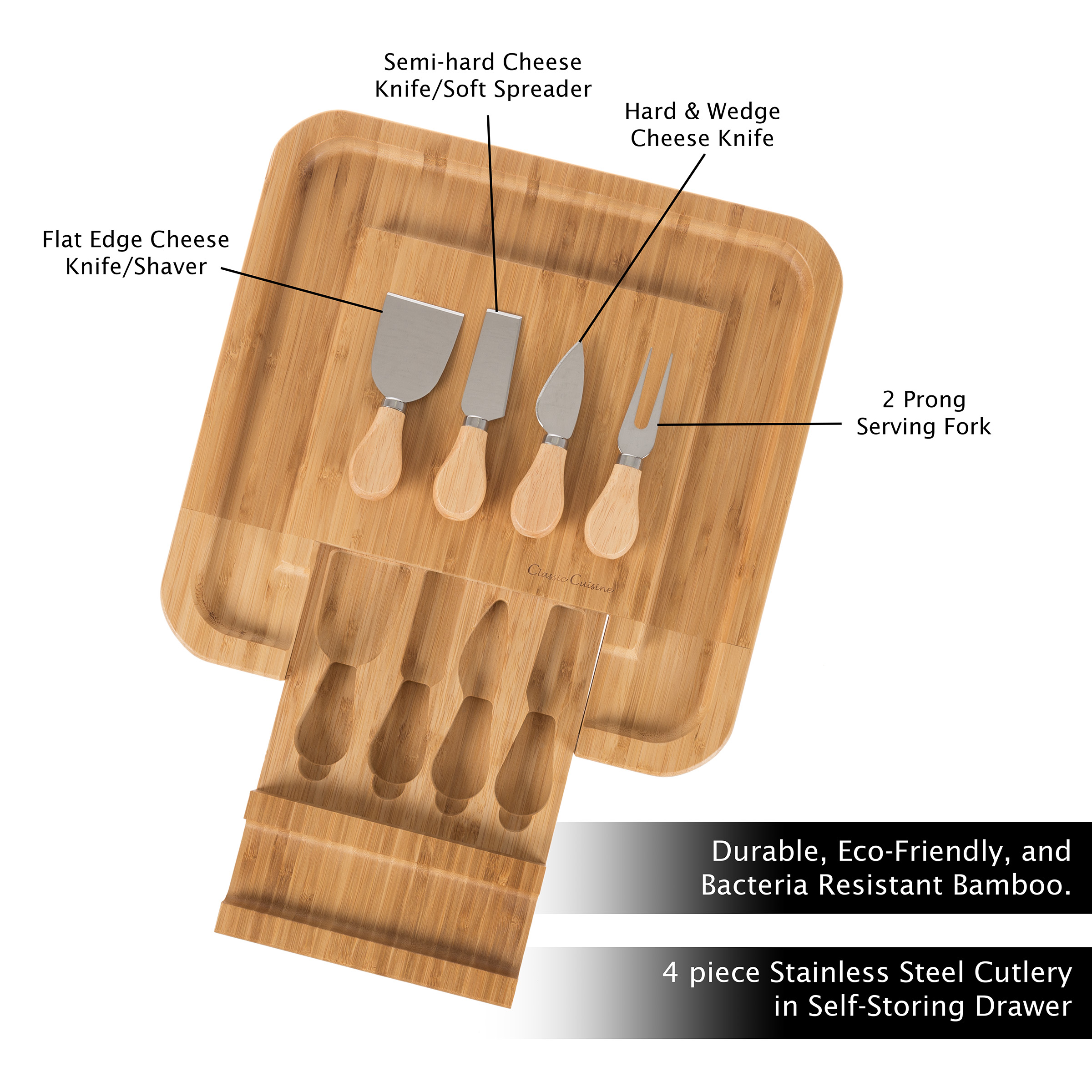 Classic Cuisine Bamboo Cheese Serving Tray with 4-Piece Cutlery Set (Tan)