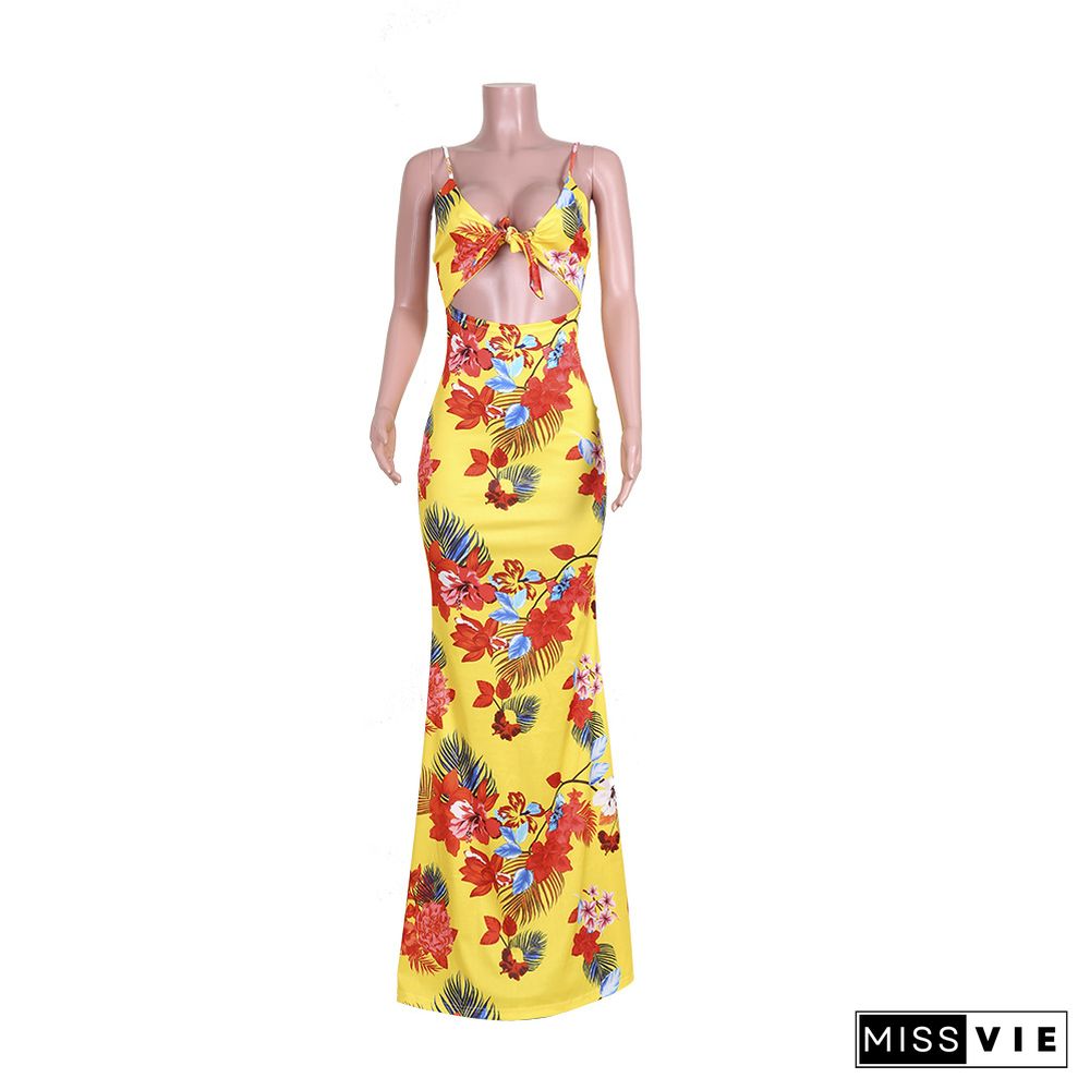 Beach Boho Floral Print Cut Out Backless Maxi Dresses